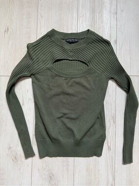 Central Park West Olive Cutout Ribbed Off-Shoulder Sweater